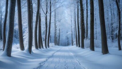 Naklejka premium Magical winter landscape featuring a path flanked by snowy trees in a forest with falling snow.