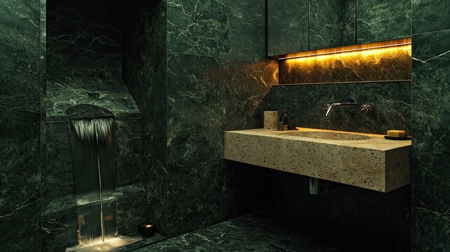 A glamorous compact bathroom with dark green marble walls