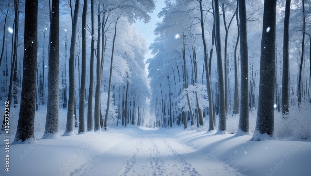 Poster enchanting winter landscape with a path winding through snowy trees in a forest under falling snow.