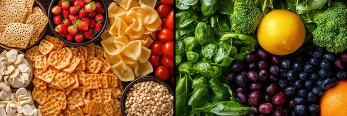 Contrast of processed snacks and fresh organic produce in Saint Petersburg Generative AI