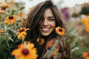 Young woman beaming with happiness surrounded by yellow flowers in an outdoor setting. Generated AI