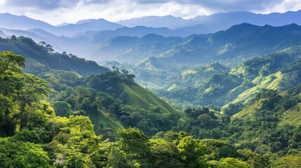 Fototapeta premium Lush Green Mountains Under Bright Blue Sky with Dramatic Cloud Formation