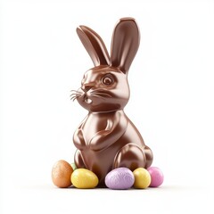 A delicious chocolate bunny surrounded by pastel-colored Easter eggs, representing spring festivities. Generated AI