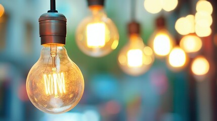    a single lightbulb in the foreground against a backdrop of multiple distant lights and a fuzzy building in the background