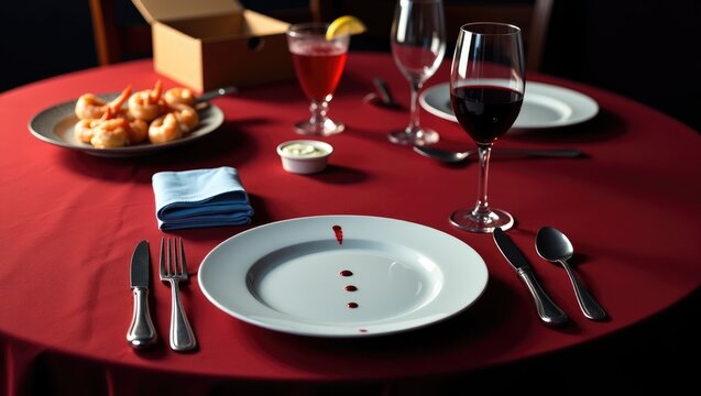 Murder mystery dinner party event with bloody knife featuring a macabre theme