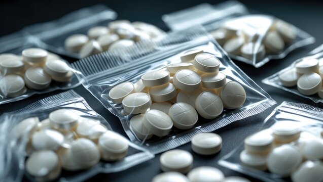 Seized by law enforcement, synthetic opioid substances. Powdered drugs molded into pill form and enclosed in small plastic bags for transit and sale.