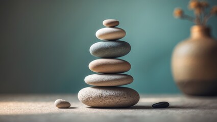 Natural Pebble, Stone Stack. Symbol of Balancing Body, Mind, Soul, and Spirit. Mental Health Practice. Harmony, Calm, Mind, Life Relaxing and Living by Nature Idea. Vertical image.
