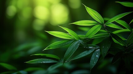 Obraz premium Lush Green Bamboo Leaves with Dew Drops in a Forest Setting