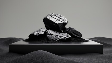 Luxury Dark concept featuring a Crack Black Stone decoration pedestal platform backdrop set above black sand for skin care or cosmetic product.