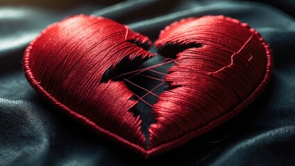 Embroidered broken heart in red thread on black fabric. Heart stitched with white thread.