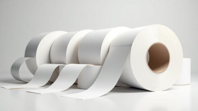 Rolls of white labels separated. Labels intended for direct thermal or thermal transfer printing. Blank adhesive label roll for thermal transfer printing.