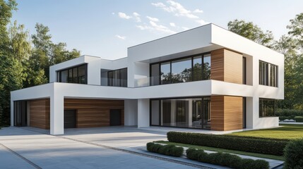 A modern, luxurious villa with a simple yet elegant design, combining white walls and wood accents for a contemporary aesthetic