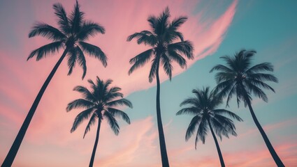 Fototapeta premium Look up at the silhouette of palm trees against the sky, featuring a vintage filter effect and pastel color tones.