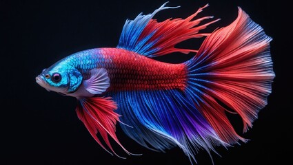 Fototapeta premium Beautiful colors Halfmoon Betta showcase the dynamic moment of the Blue and red Fighting fish Siam Betta on a black background.