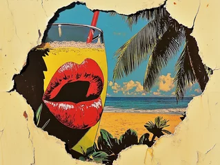 Keuken foto achterwand Surreal pop-art cutout of a cocktail with a straw against a tropical beach backdrop © zphoto83