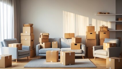 Cardboard boxes filled with sofas in the living room during moving day