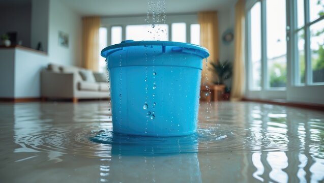 Bucket gathering water from ceiling in living room. Leaky roof.
