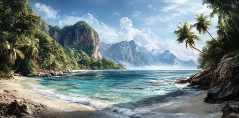 Fototapeta premium A serene tropical beach landscape depicts beautiful coastal scenery
