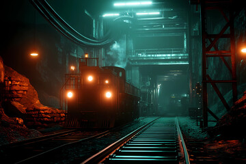Obraz premium Dramatic deep-set mining cart gleams on rugged tracks beneath ambient industrial lighting and stark shadows