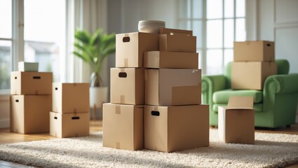 Stacked cardboard carton boxes with household items in the living room. Packed containers located on the floor in a home.
