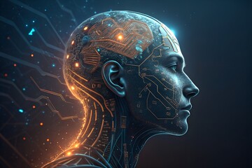 Obraz premium Futuristic Cybernetic Human Head Merging AI, Technology, and Transhumanism