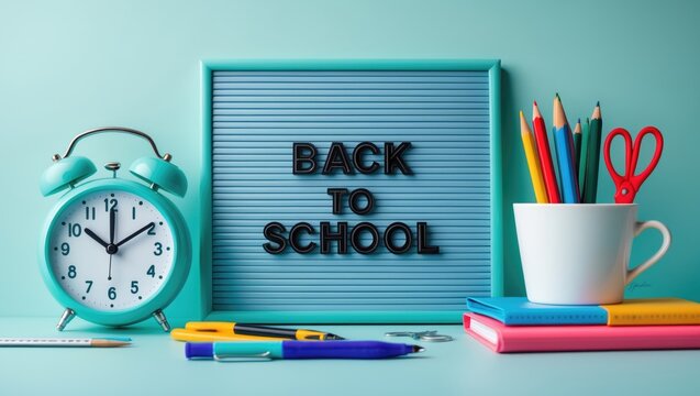Back to school theme. Text displayed on a letterboard, vintage alarm clock and stationery items on a light turquoise backdrop. Space for your design. - Powered by Adobe