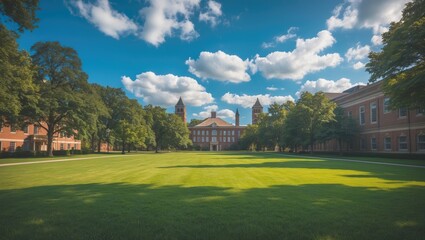 Obraz premium Grassy campus quad area with several historic buildings in the background, expansive meadow front yard college green space beneath a sunny summer cloud blue sky, education, landscaping concept.