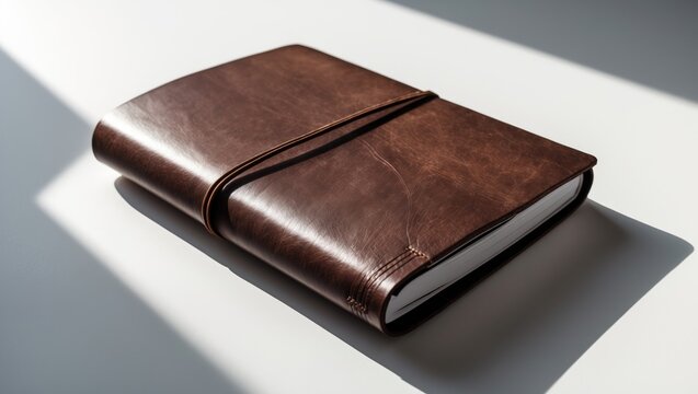 Brown leather notebook against a white backdrop.