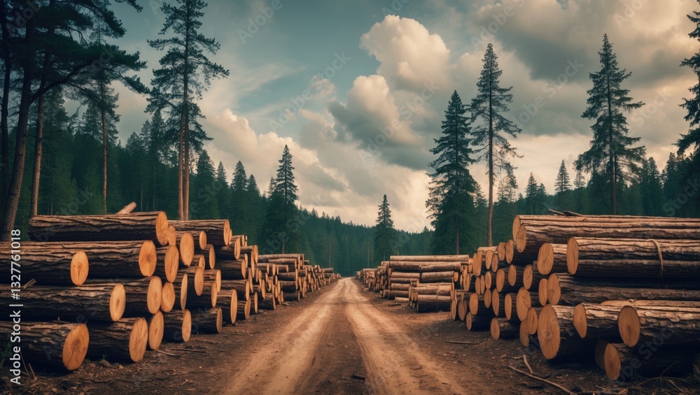 Aufkleber log piles beside the forest road. pine and spruce trees in the forest. stacked log trunks, represent