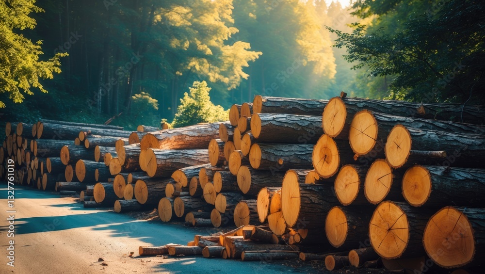 Poster piled log spruce trunks. sawn trees from the forest. logging timber wood industry. cut trees along a