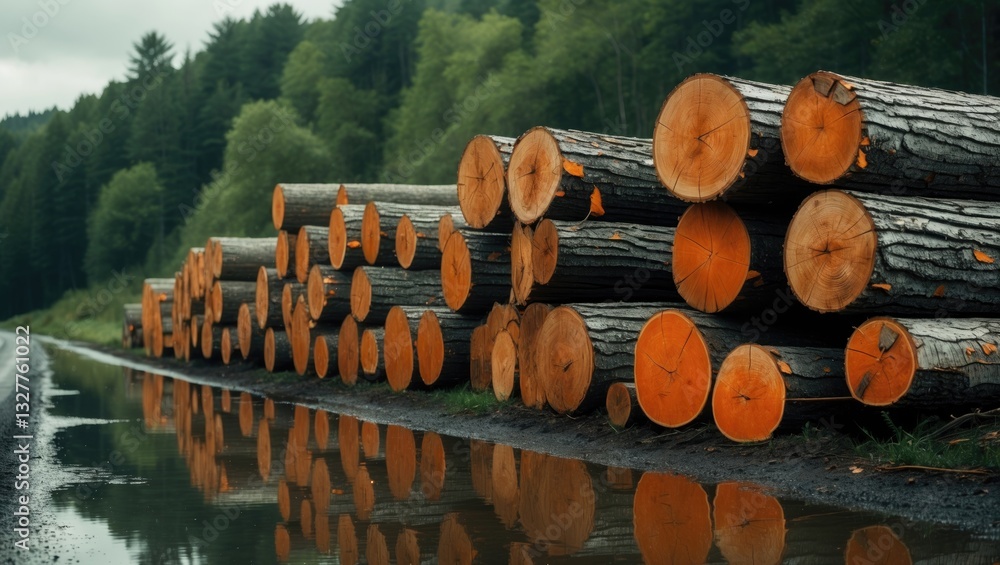 Poster pile of log trunks in the logging timber wood industry. cut trees sourced from the forest. logging t