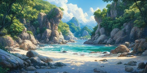 Obraz premium A beautiful scenic bay with a white sandy beach and mountains