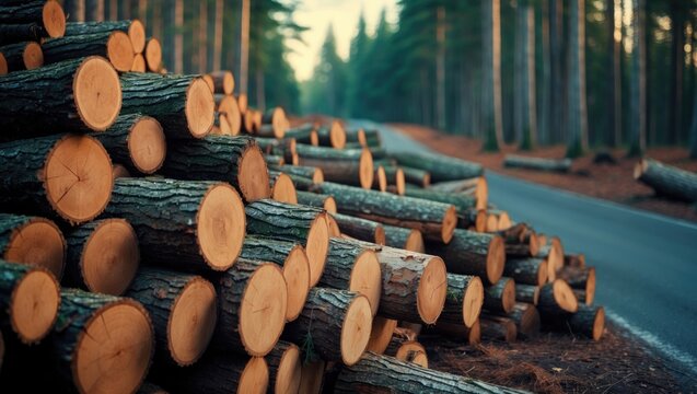 Log spruce trunks stacked. Sawn trees from the forest. Logging timber wood industry. Cut trees beside a road ready for removal. Panorama.