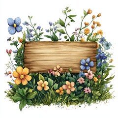 Rustic wooden signboard, surrounded by nature, artistic watercolor brush details