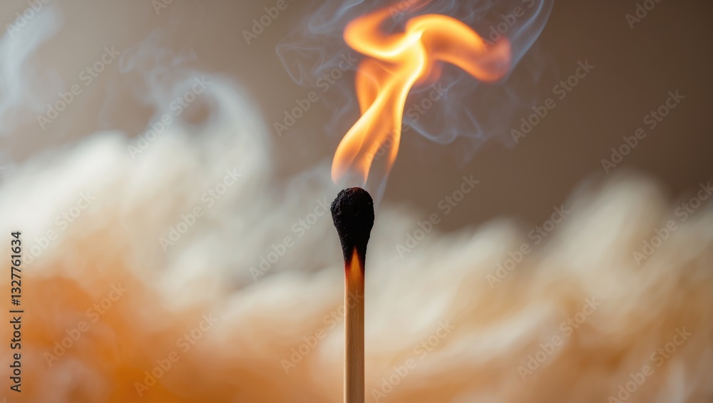 Poster burning match set against a background with smoke clouds. macro photograph.