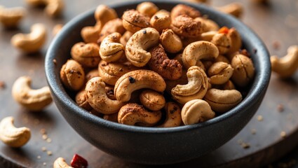 Fototapeta premium Cashew nuts. Cashews flavored with black pepper and chili. Roasted flavored cashews.