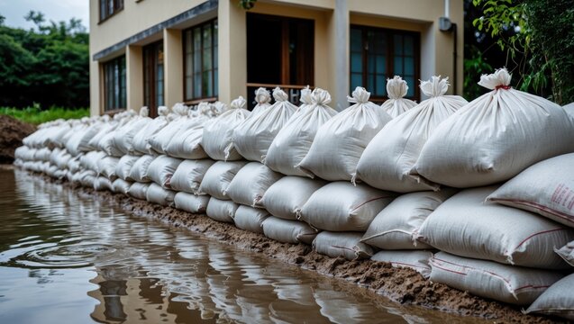 Sandbags for flood protection. A barrier made of sandbags at the entrance of a home to prevent floodwater from entering the residence and to distinguish between wet and dry areas.