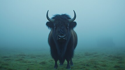 Naklejka premium Portrait of mighty bison with thick shaggy fur curved horns and deep set eyes The misty grassland background adds to the primal strength of this ancient beast