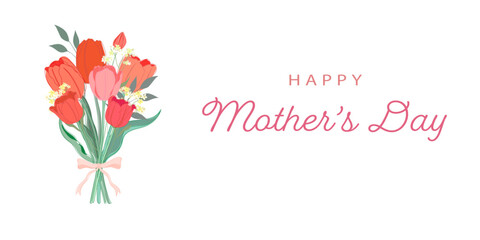 Happy Mother's Day banner design. Tulip bouquet vector illustration with text space.  Red, pink and orange colored beautiful spring flower.