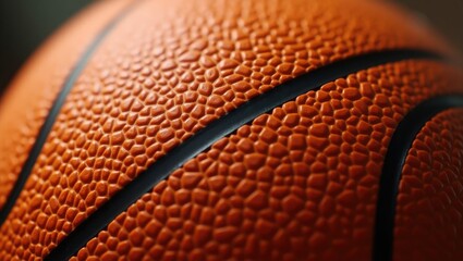 Close-up view of a basketball ball's texture. The textured surface is designed for grip. The pattern is consistent and repetitive, emphasizing the design of sports equipment.