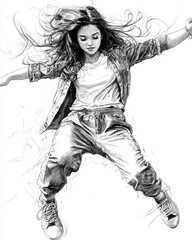 Black and white crayon sketch illustration of beautiful young woman dancing  modern dance hip-hop