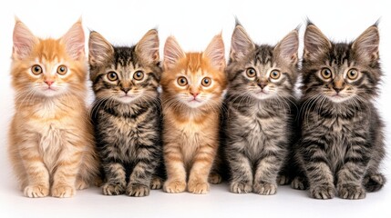 Five Fluffy Kittens in a Row on a White Background. Group of Playful, Cute Baby Cats Posing