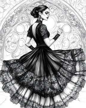 Black and white crayon sketch illustration of beautiful young woman dancing flamenco with grace and confidence. Flamenco dencer on stage.