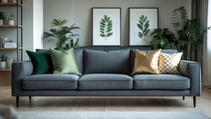 Fototapeta premium Living area featuring a grey sofa, decorative pillows, and a bookshelf.
