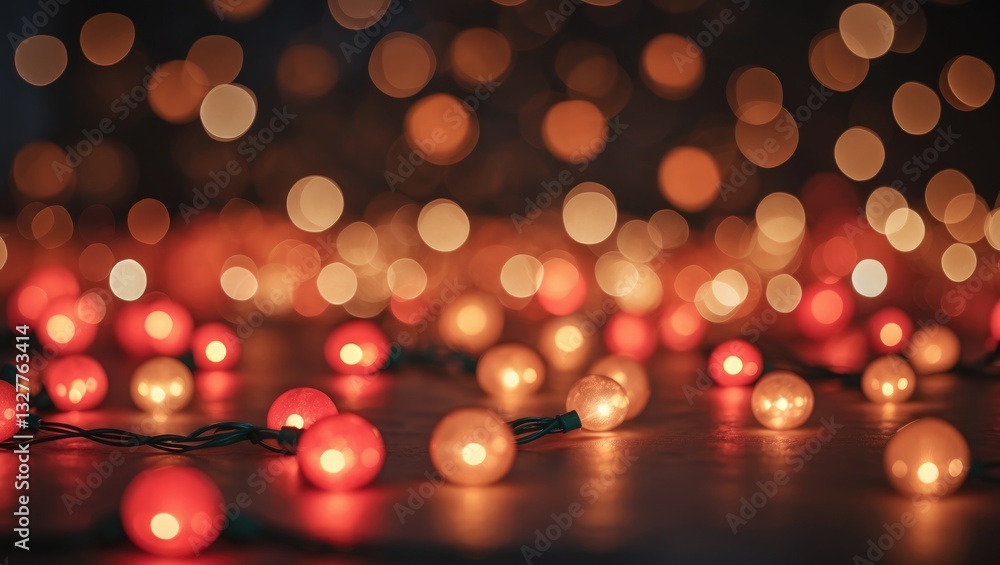 Poster christmas lights in bokeh effect. red and fiery orange bokeh against a dark backdrop, abstract bokeh