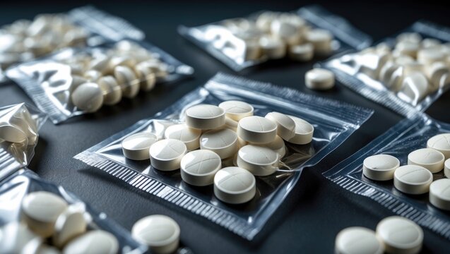 Seized by authorities, synthetic opioid substances. Powdered drugs compressed into pill form and packaged in small plastic bags for sale and distribution.