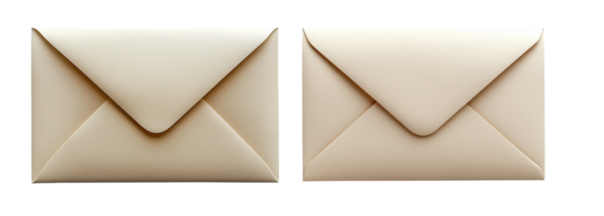 Closed beige and champagne-colored envelopes on transparent background, elegant stationery for invitations and messages