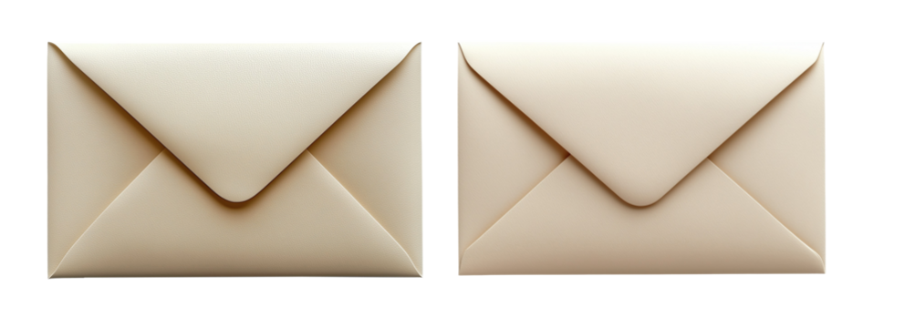 Closed beige and champagne-colored envelopes on transparent background, elegant stationery for invitations and messages