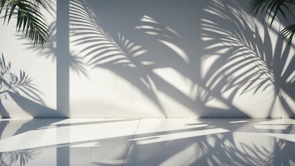 Shadow leaves create a light overlay on a concrete wall, with a reflective floor perspective suitable for product and text presentation in free space. Pattern Backdrop