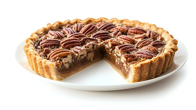Pai Pecan Lezat dengan Irisan Terpotong Terisolasi dengan Latar Belakang Putih